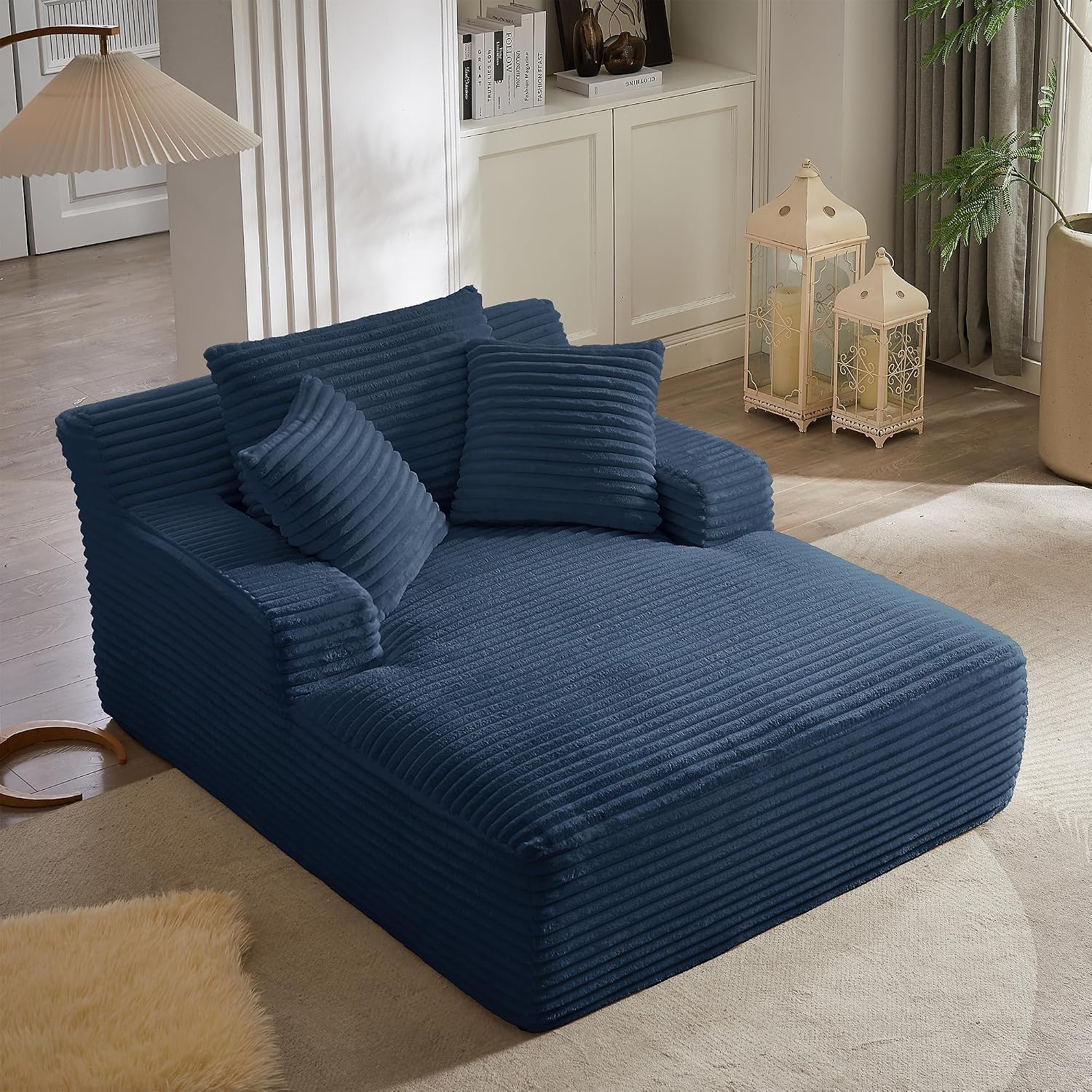 Tmsan 50' Oversized Chaise Lounge Sofa Chair Indoor, Modern Corduroy Sleeper Sofa Cloud Couch with 3 Soft Pillows, Comfy Single Seat Floor Sofa for Living Room Apartment Office, Blue