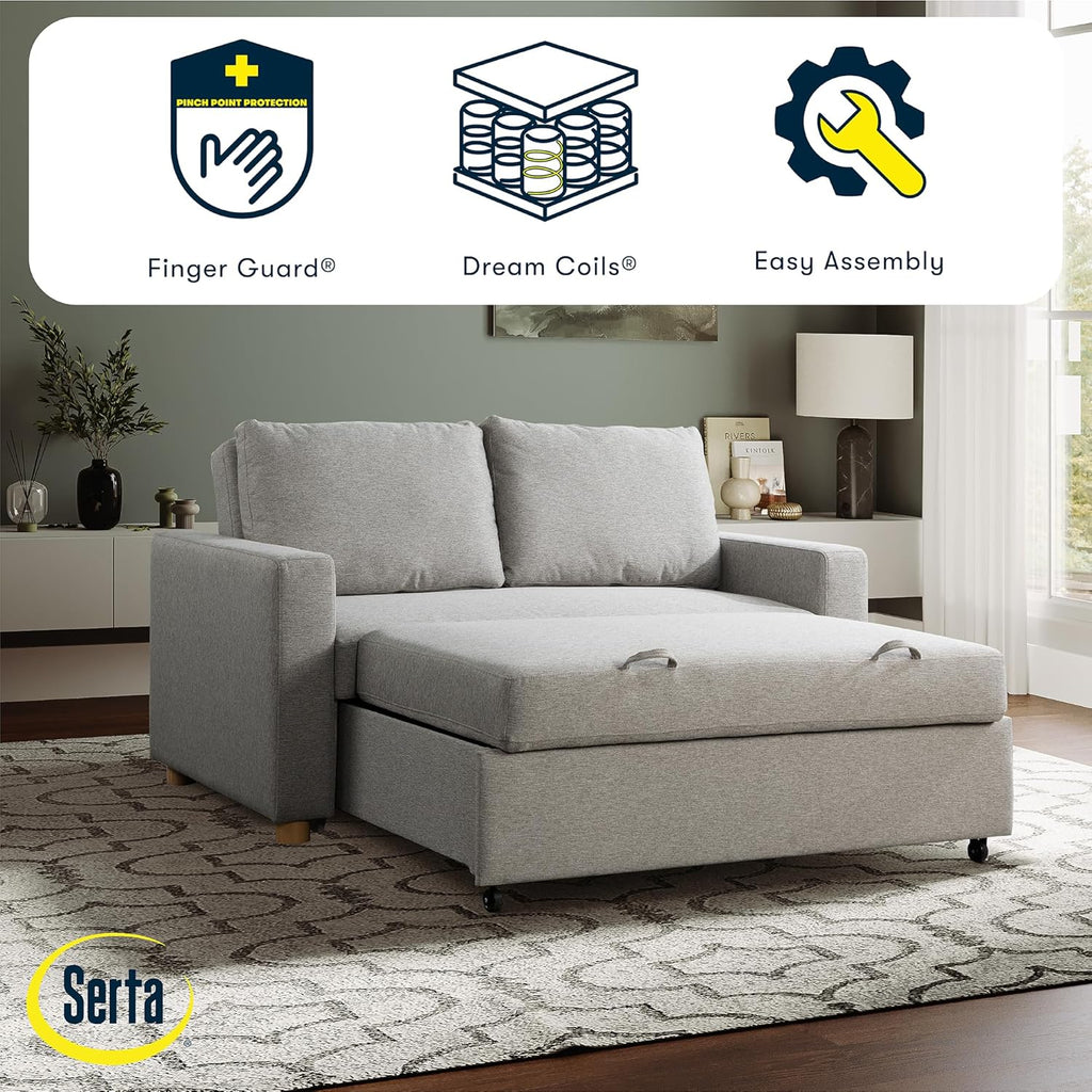 Serta Tulsa 66.1' Convertible Sleeper Loveseat, Full Size, Dreamcoil Comfort, FingerGuard Pinch Point Protection, Woven Fabric, Light Grey