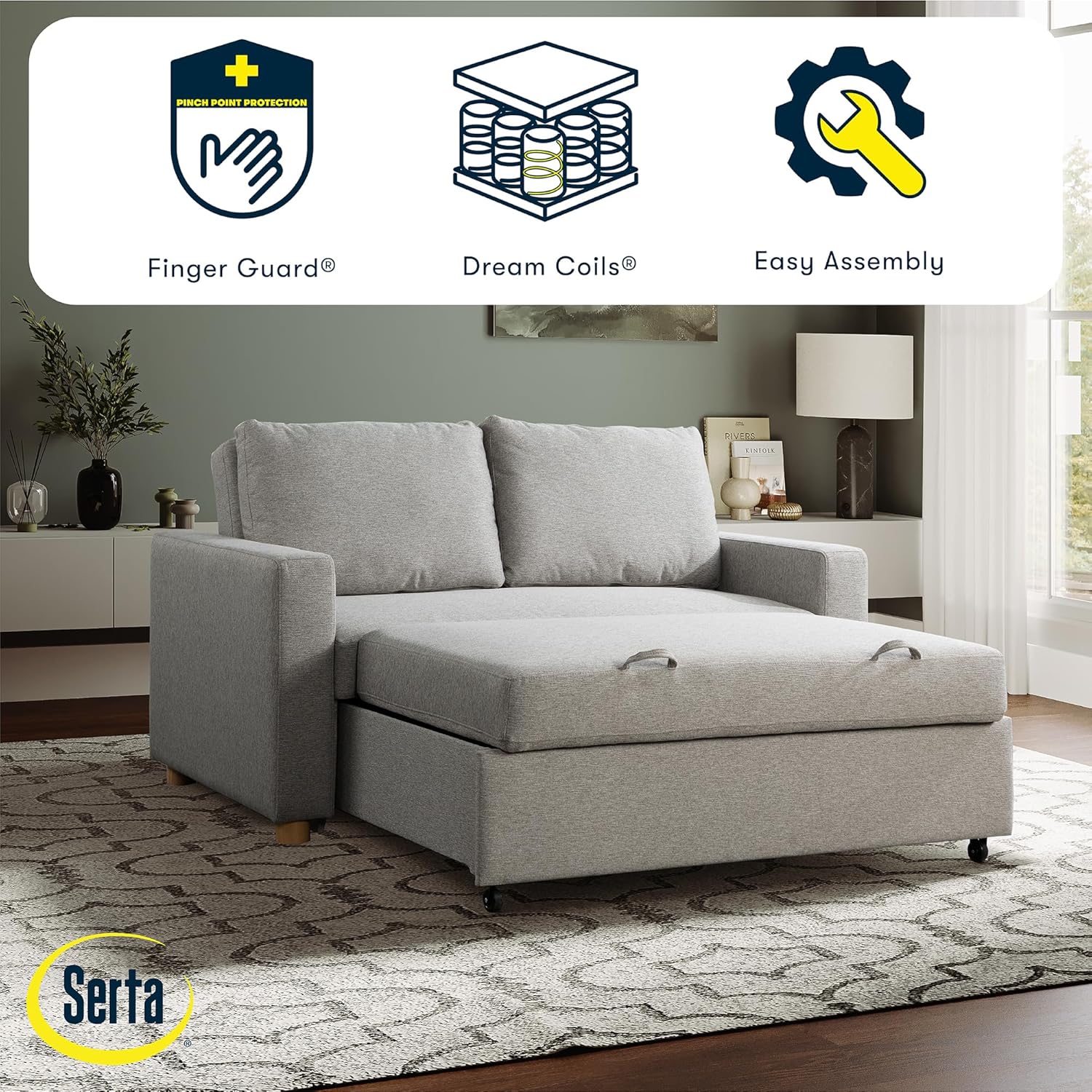 Serta Tulsa 66.1' Convertible Sleeper Loveseat, Full Size, Dreamcoil Comfort, FingerGuard Pinch Point Protection, Woven Fabric, Light Grey