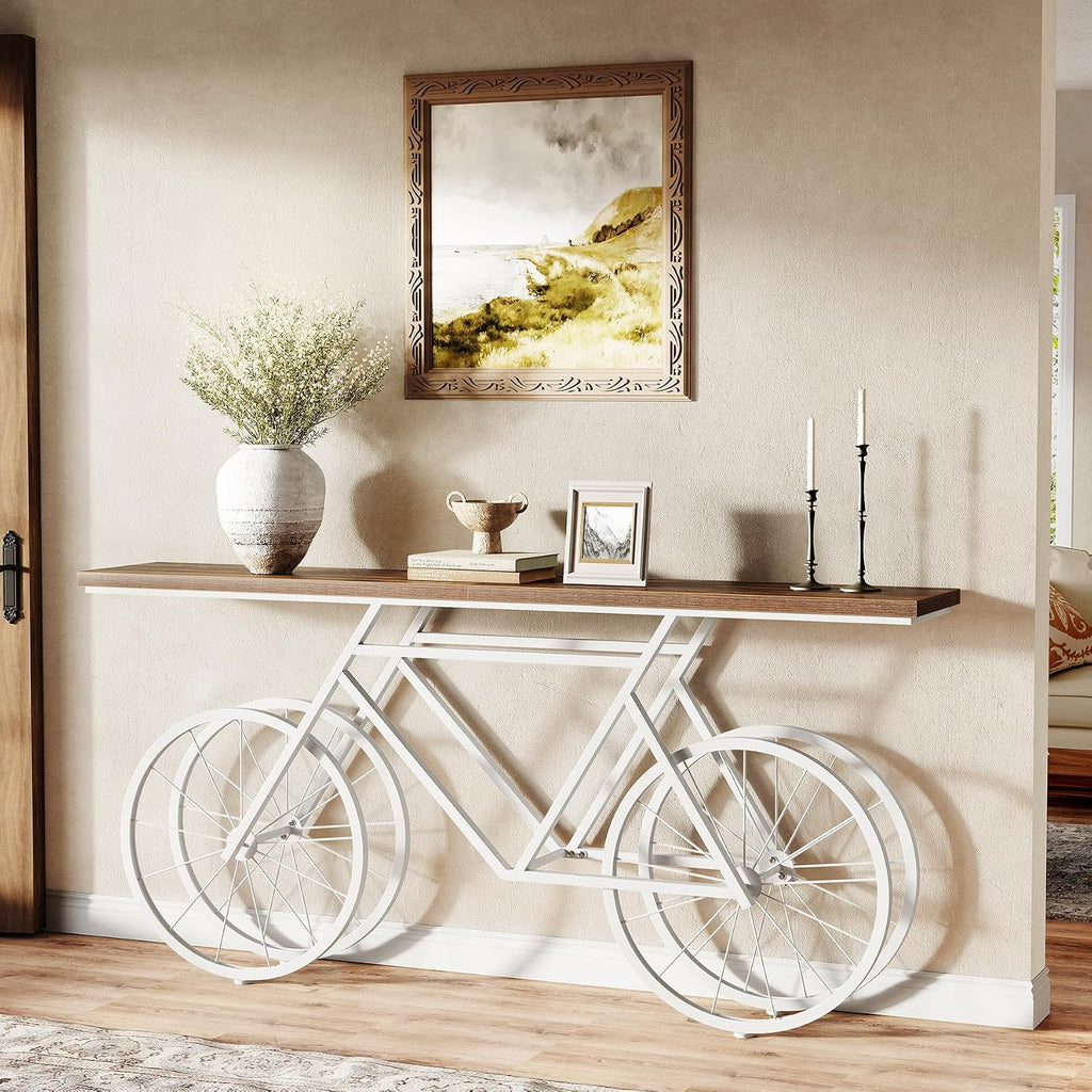 LITTLE TREE Narrow Sofa Table, 70.9-Inch Extra Long Console Table for Living Room, Entryway, with Unique Bicycle Metal Base. White and Brown