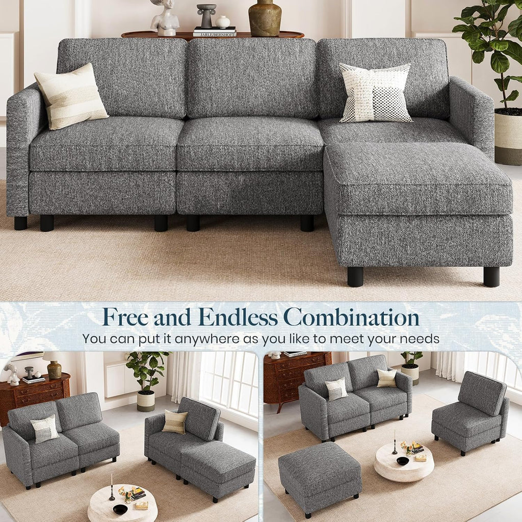 Belffin 84.3' 4 Seats L Shaped Couch Modular Sectional Sofa Washable Sectional Couches for Living Room Comfy Couches with Storage Seat Couch Sofas with Chaise,Grey