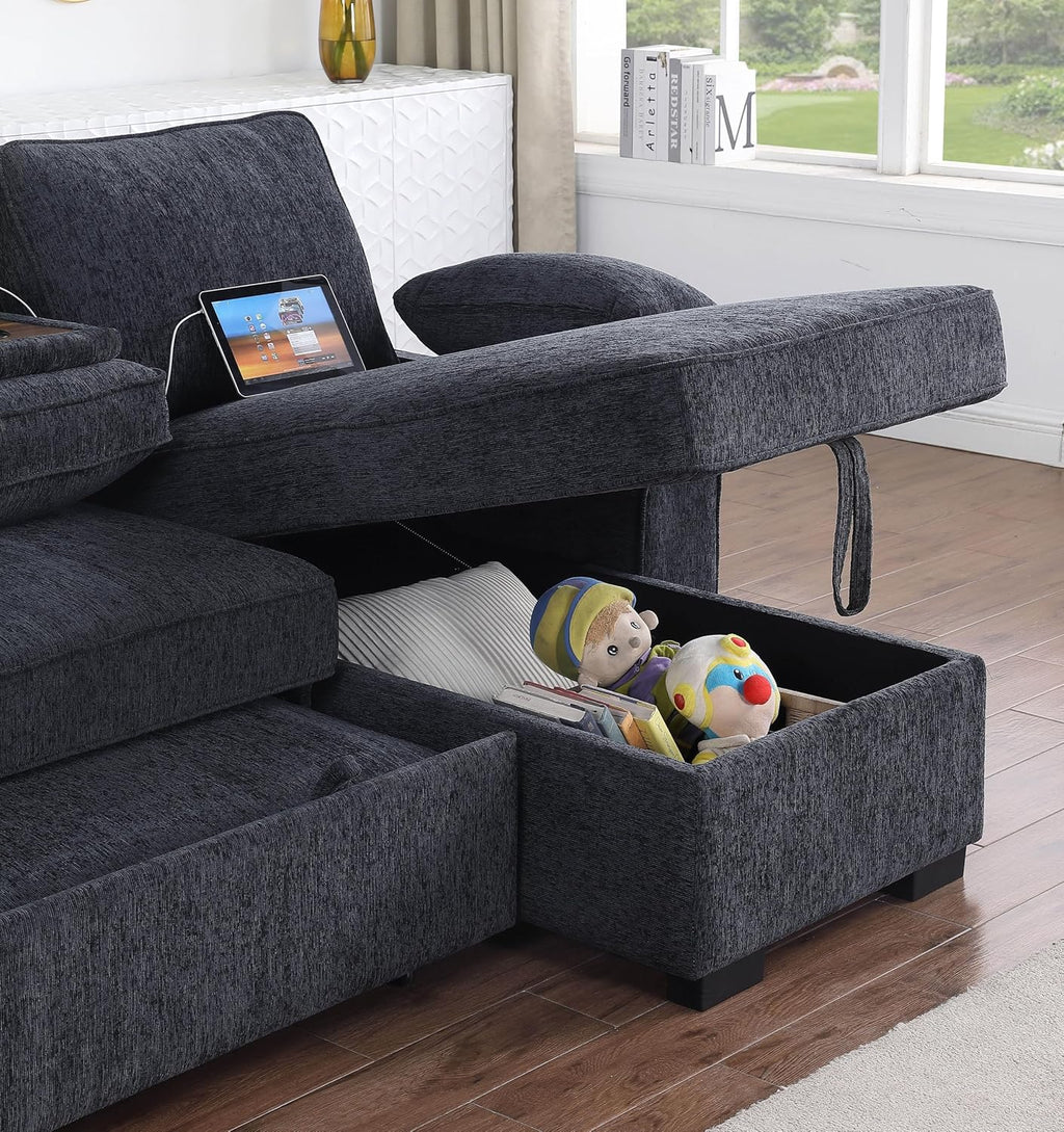 ERYE L-Shaped Pull Out Sleeper Sofa Bed, Modern Chenille Upholstered Button Tufted Corner Reversible Sleeper Sectional Sofa Couch with Storage Chaise, Drop-Down Table, Cup Holders and Charging Ports