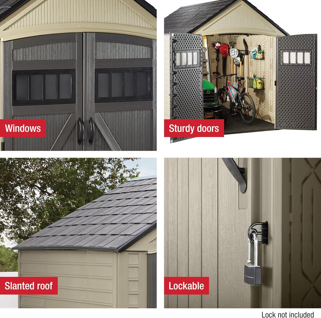 Rubbermaid Resin Outdoor Storage Shed With Floor (7 x 10.5 Ft) Weather Resistant, Brown Gable, Organization for Home/Backyard/Garden Tools/Lawn Mower/Bike Storage/Pool Supplies