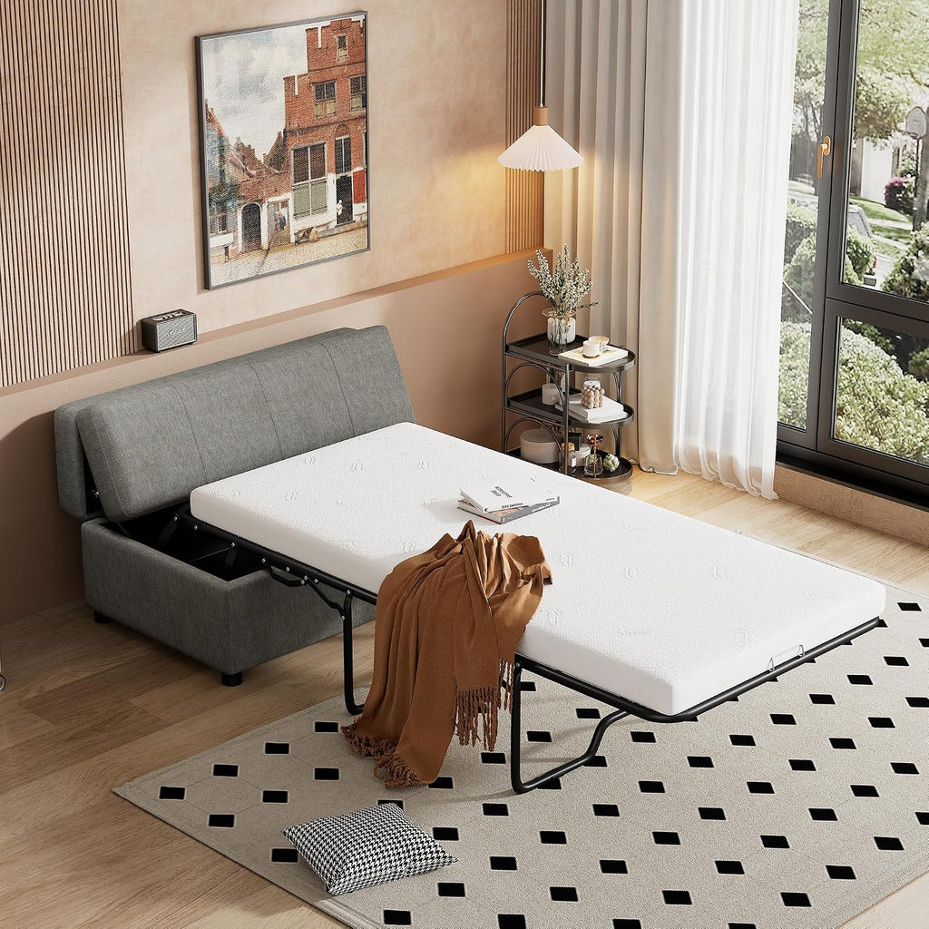 LUMISOL Folding Ottoman Sleeper Chair Bed with Mattress, Convertible Fold Out Sleeper Sofa Bed, Twin Size Chenille Couch and Ottoman Sofa for Living Room Bedroom Guest Room, Grey