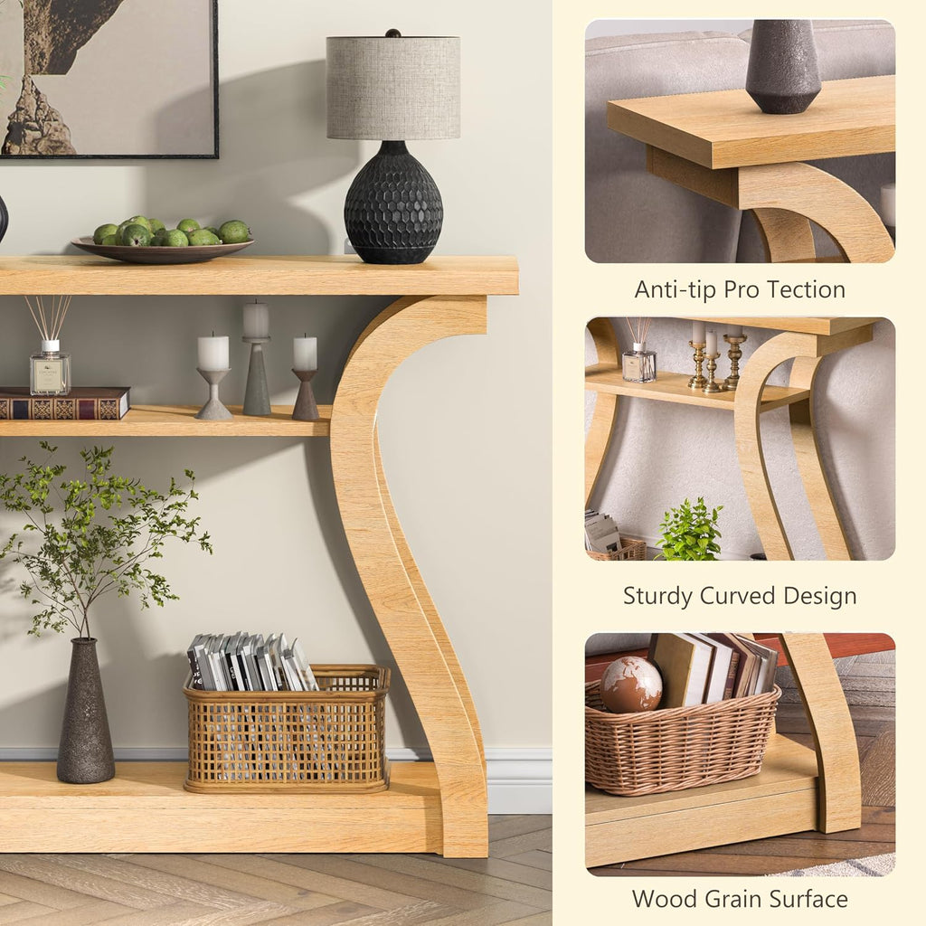 Wooden Console Table with Curved Legs and Shelf, 3-Tier Modern Accent Narrow Sofa Table for Entrance Area, Living Room, Hallway, 47 in Wide Wood Console Table for Entryway (Nature)