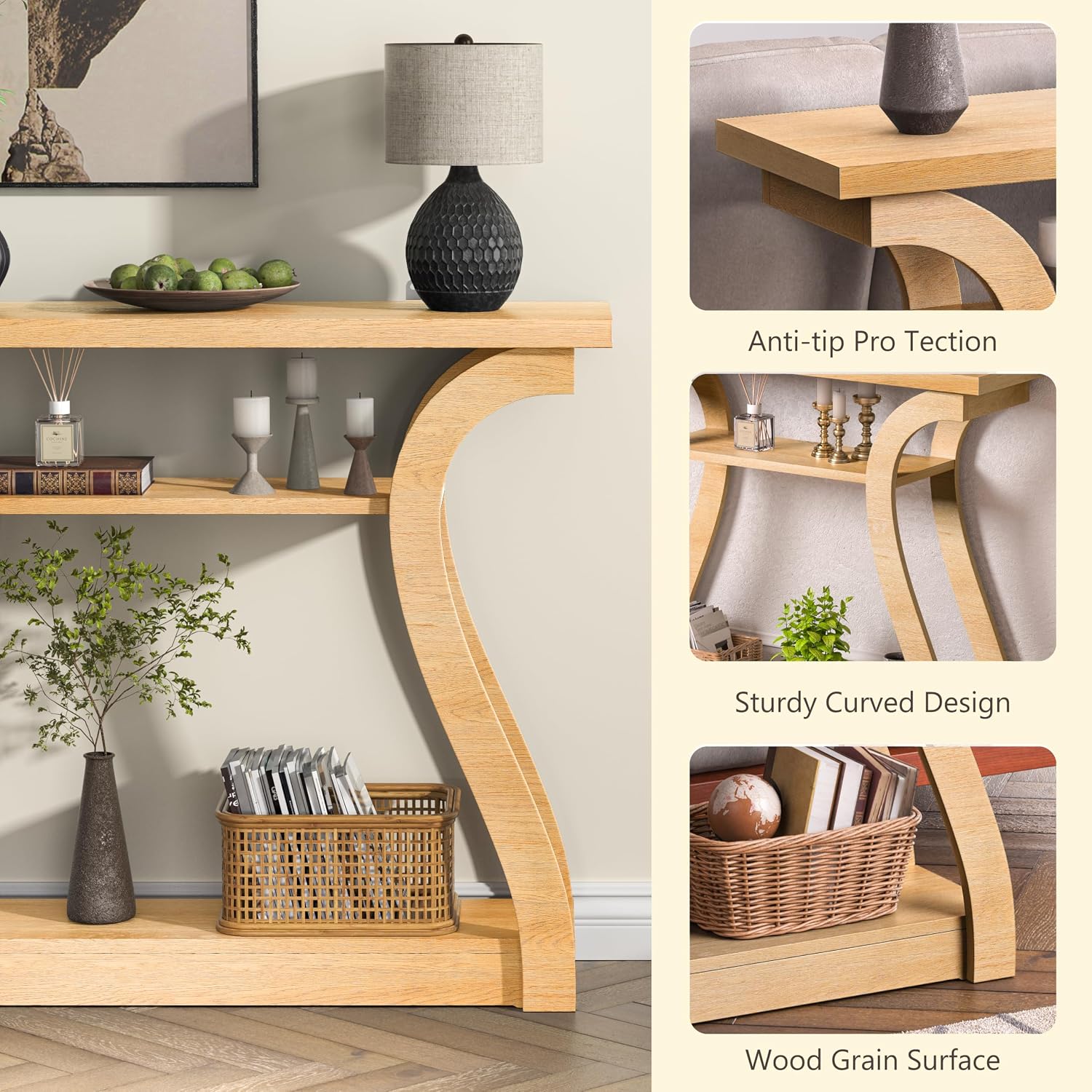 Wooden Console Table with Curved Legs and Shelf, 3-Tier Modern Accent Narrow Sofa Table for Entrance Area, Living Room, Hallway, 47 in Wide Wood Console Table for Entryway (Nature)