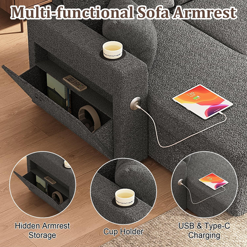 Sleeper Sofa Bed, 4-in-1 Pull Out Couch with Reversible Chaise | Dual USB & Type-C Charging | Dual Cup Holders | Layered Storage (Armrest + Chaise) for Living Room, Apartment, Home Office (Dark Gray)