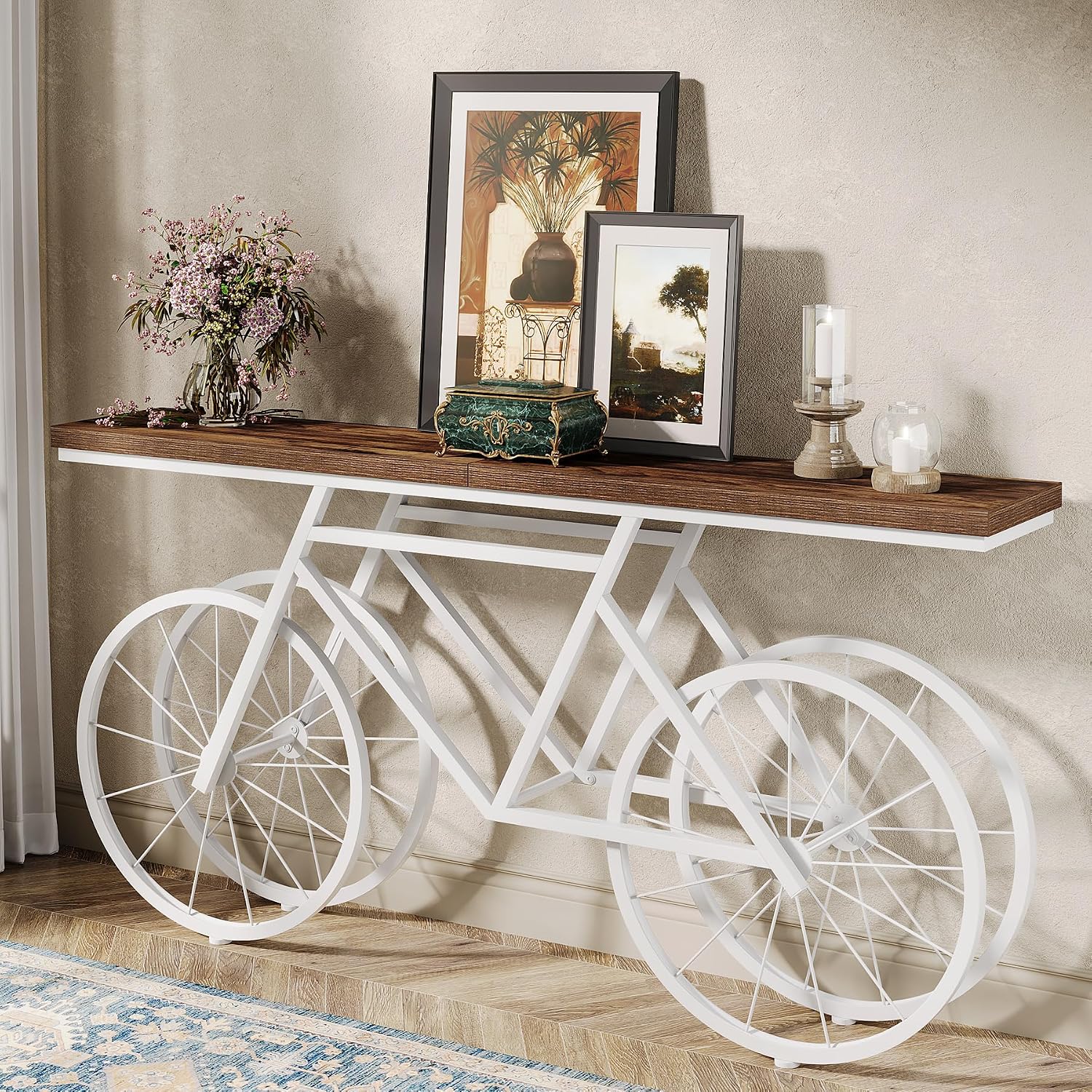 Tribesigns 70.9-Inch Extra Long Console Table, Narrow Sofa Table with Bicycle Metal Base, Modern Industrial Entryway Table for Living Room, Hallway, Entrance, Foyer, Rustic Brown & White