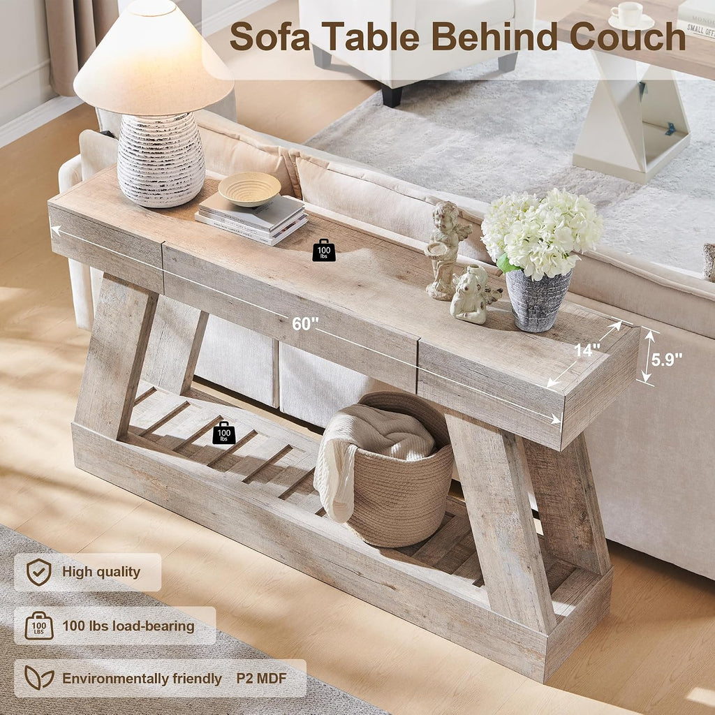 60' Farmhouse Entryway Table with Drawer, Wooden Hallway Foyer Table with Heavy Duty Base(Light Rustic Oak)