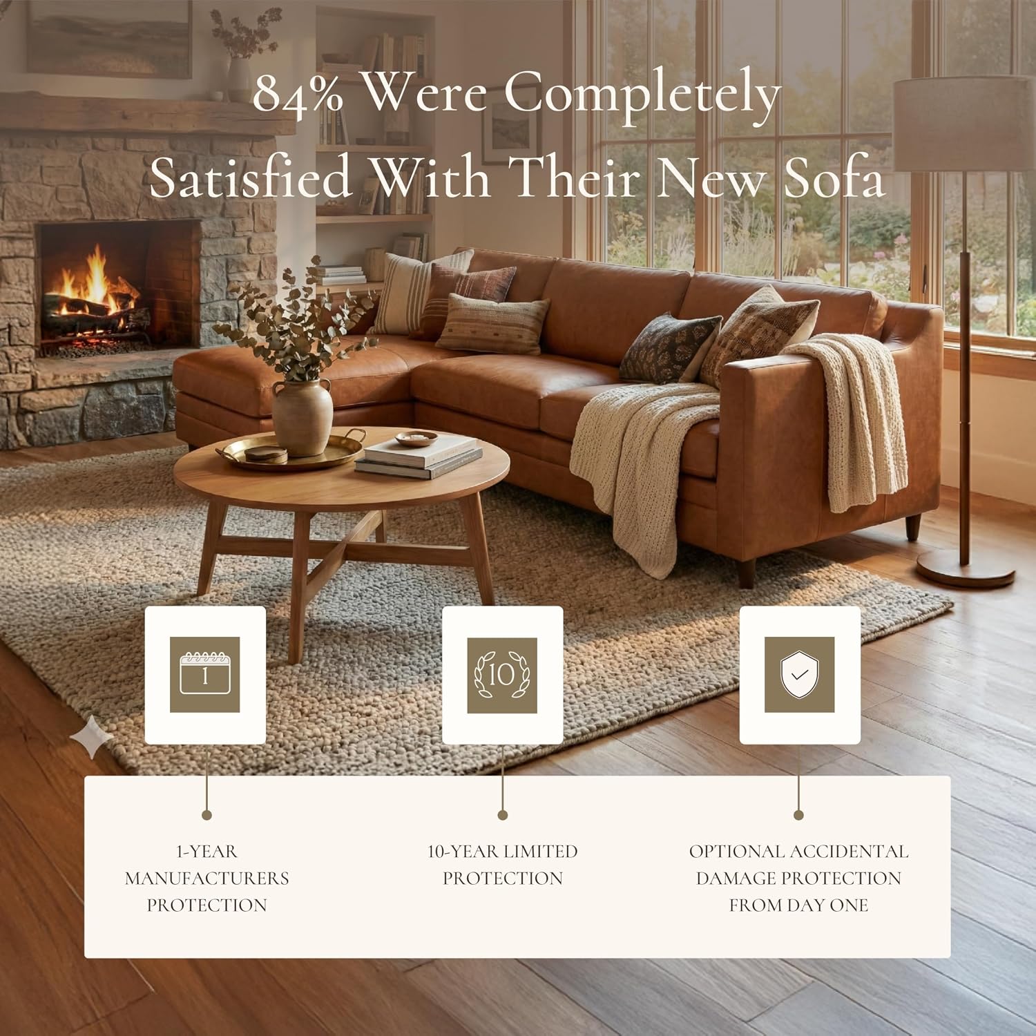 Poly & BARK Harper Left-Facing Leather Sleeper Sectional Sofa Cognac Tan– Full-Grain Aniline Leather, Sculptural Silhouette, Walnut-Finished Legs – Modern Statement Sofa for Living Spaces