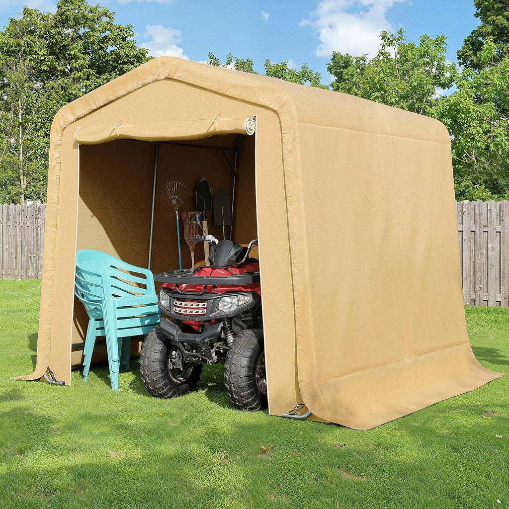 CHARMELEON 8x8FT Heavy Duty Outdoor Storage Shelter,Portable Garage Shelter for Garden Tool Motorcycle Bike,All-Steel Metal Frame Storage Tent with Dual Doors & Thickened Fabric (Khaki)