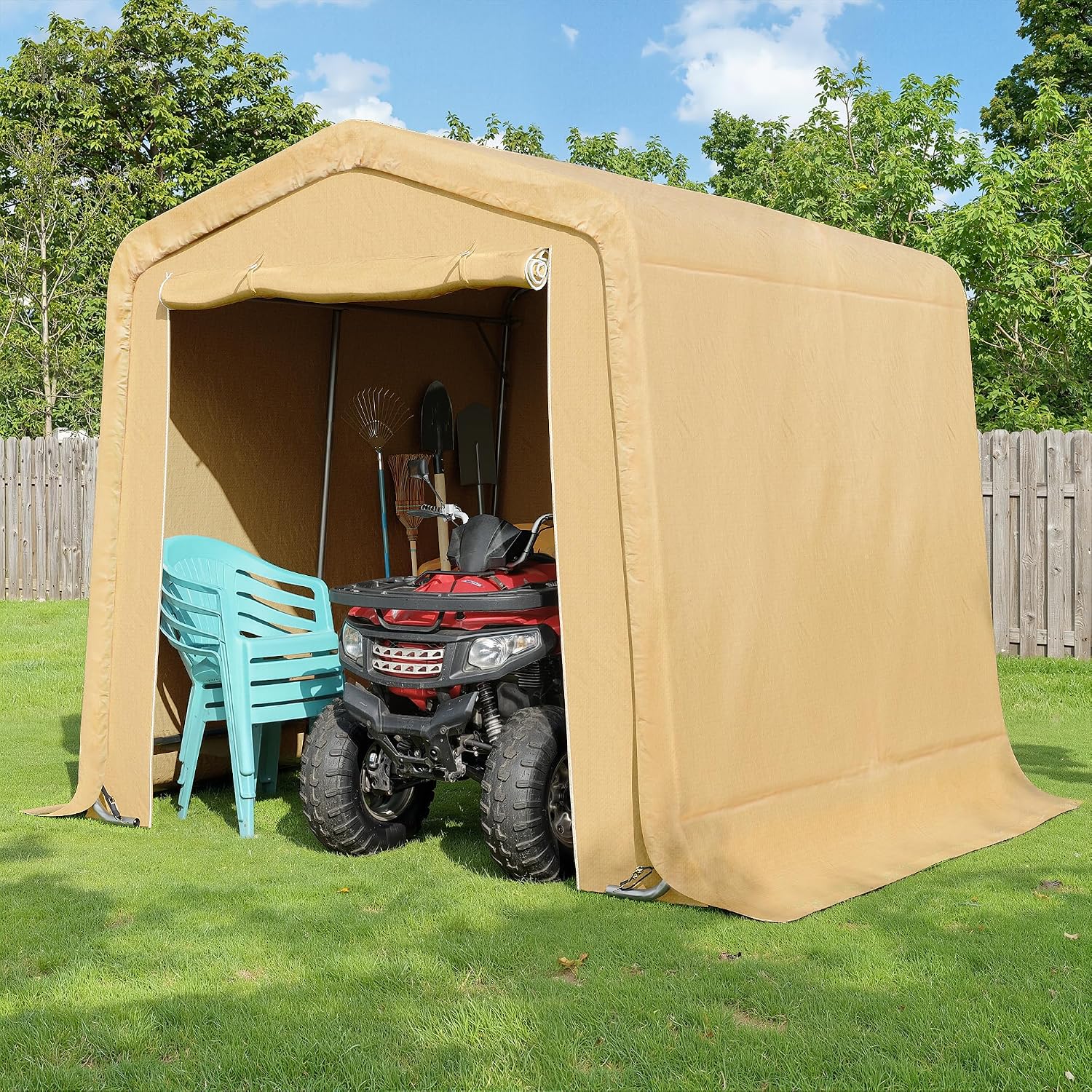 CHARMELEON 8x8FT Heavy Duty Outdoor Storage Shelter,Portable Garage Shelter for Garden Tool Motorcycle Bike,All-Steel Metal Frame Storage Tent with Dual Doors & Thickened Fabric (Khaki)