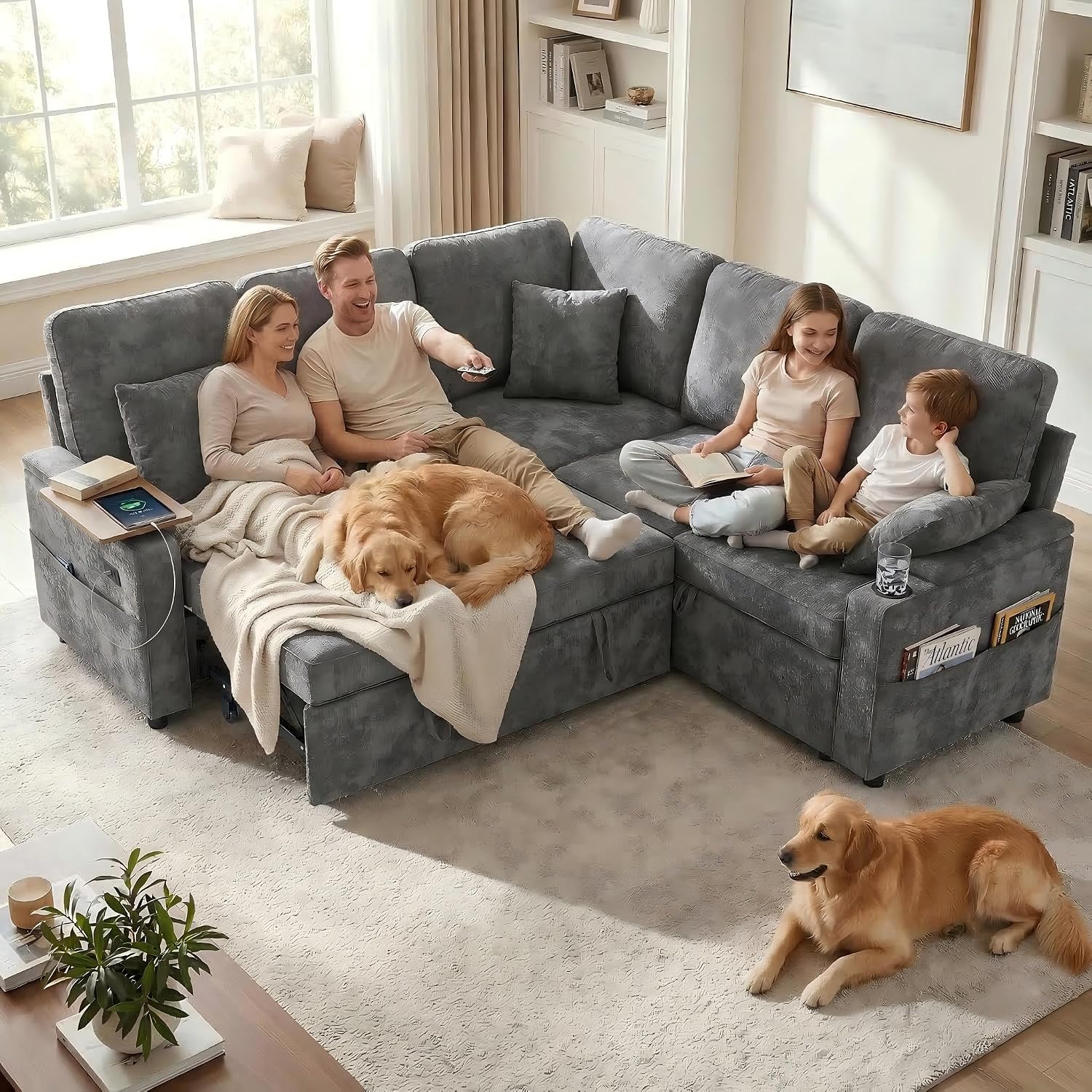 81' Modular Sectional Sofa, L Shaped 5-Seater Sleeper Sofa with Pull Out Bed, Hidden Storage, Cup Holders & USB Charging Ports, Sectional Couches for Living Room, Chenille, Grey