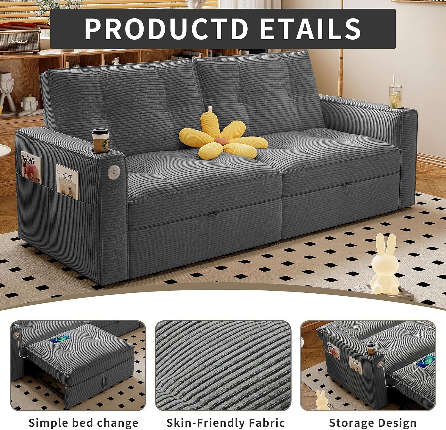 73' Queen Size Sofa Bed, Loveseat Sleeper Sofa with Pull Out Bed, Pockets and USB, Modern 2 Seater Convertible Small Couch for Living Room Bedroom Apartment (Gray, Corduroy)