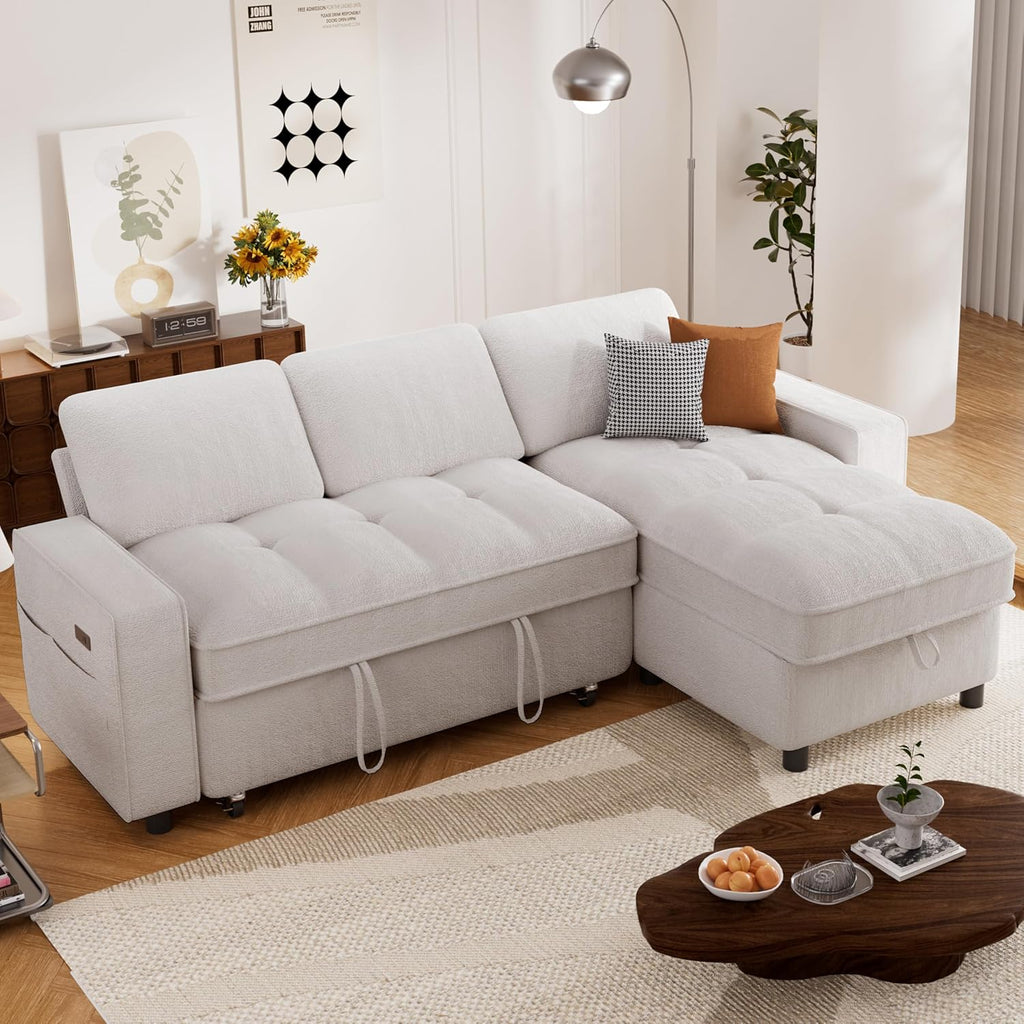 Sunny Heart Chenille Sleeper Sofa Bed, 81' L Shaped Couch Sleeper Sofa, Pull Out Couch Bed with Reclining Backrest | Reversible Storage Chaise | USB Port | Side Pocket | Tool-Free Assembly | Beige