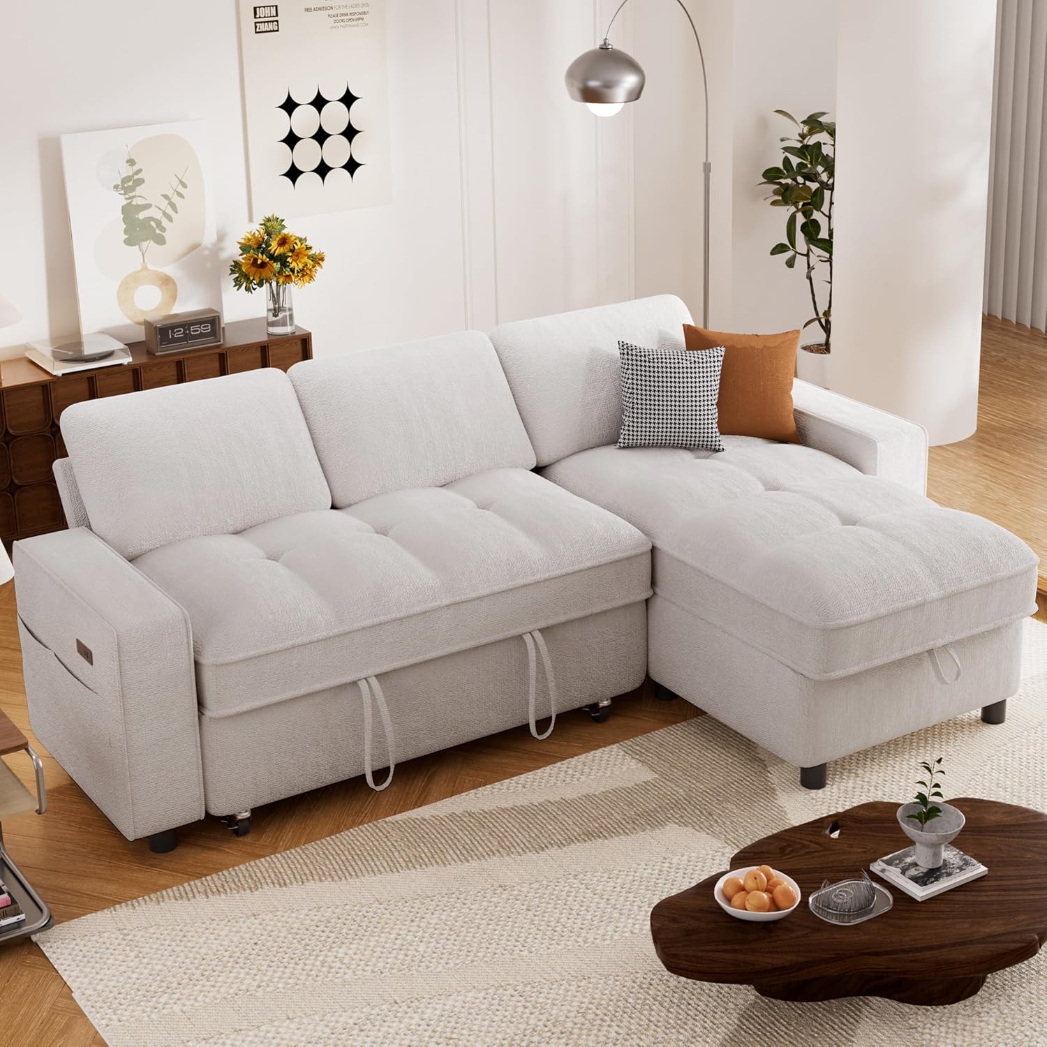Sunny Heart Chenille Sleeper Sofa Bed, 81' L Shaped Couch Sleeper Sofa, Pull Out Couch Bed with Reclining Backrest | Reversible Storage Chaise | USB Port | Side Pocket | Tool-Free Assembly | Beige