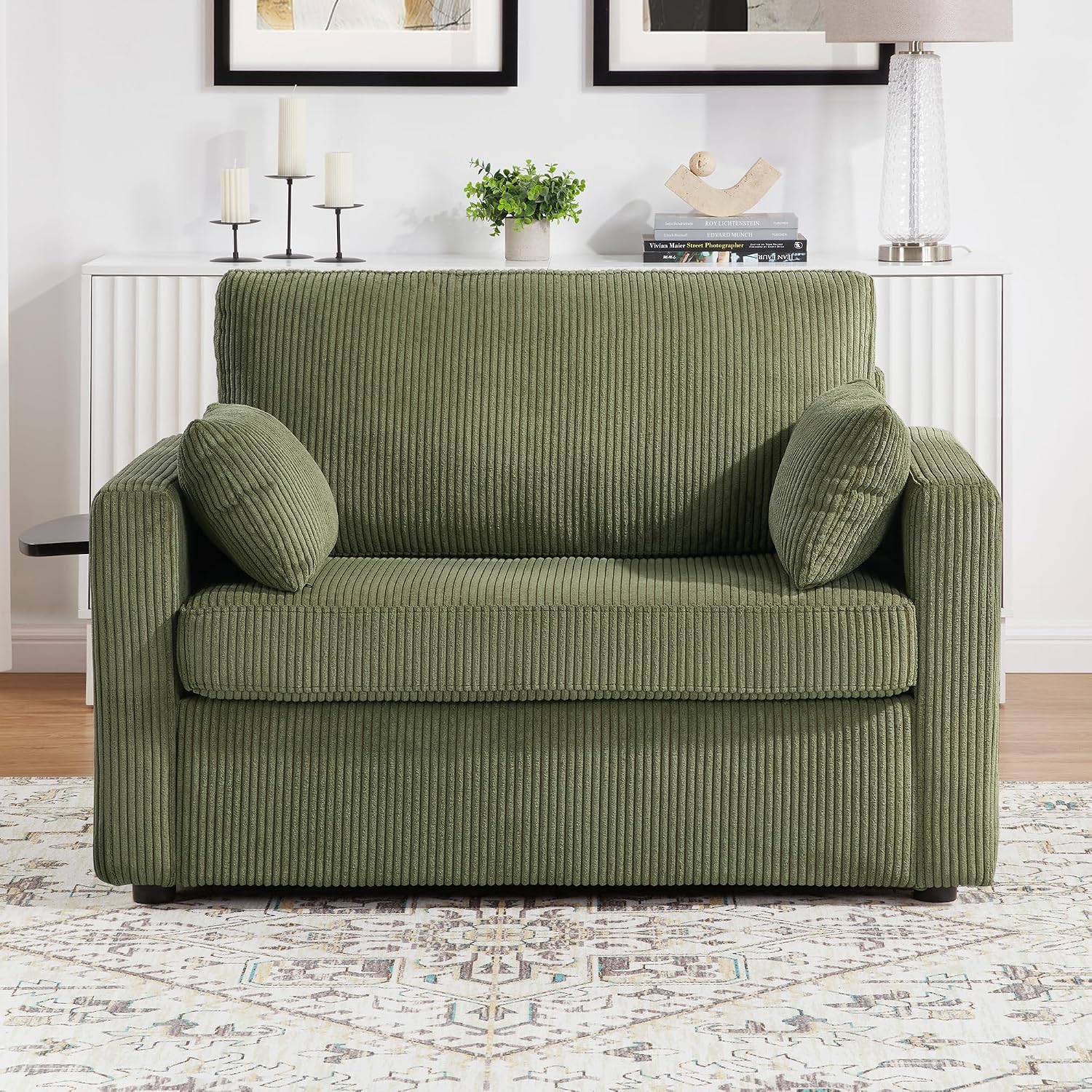 Twin Size Sofa Bed 47.2' Sleeper Sofa Loveseat Sofa with a Foldable Mattress, a Foldable Side Table, a Side Storage Pocket and Two USB Ports for Living Room, Green