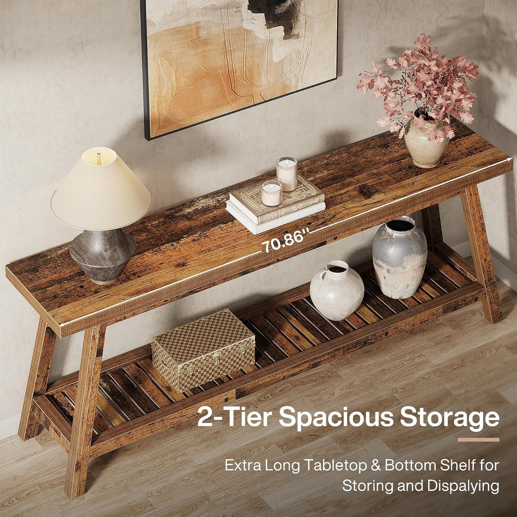 Tribesigns Farmhouse Console Entryway Table: 70.9 Inches Extra Long Console Table for Entryway, 2-Tier Narrow Wood Foyer Sofa Couch Table for Hallway, Entrance, Living Room, Mixed Brown