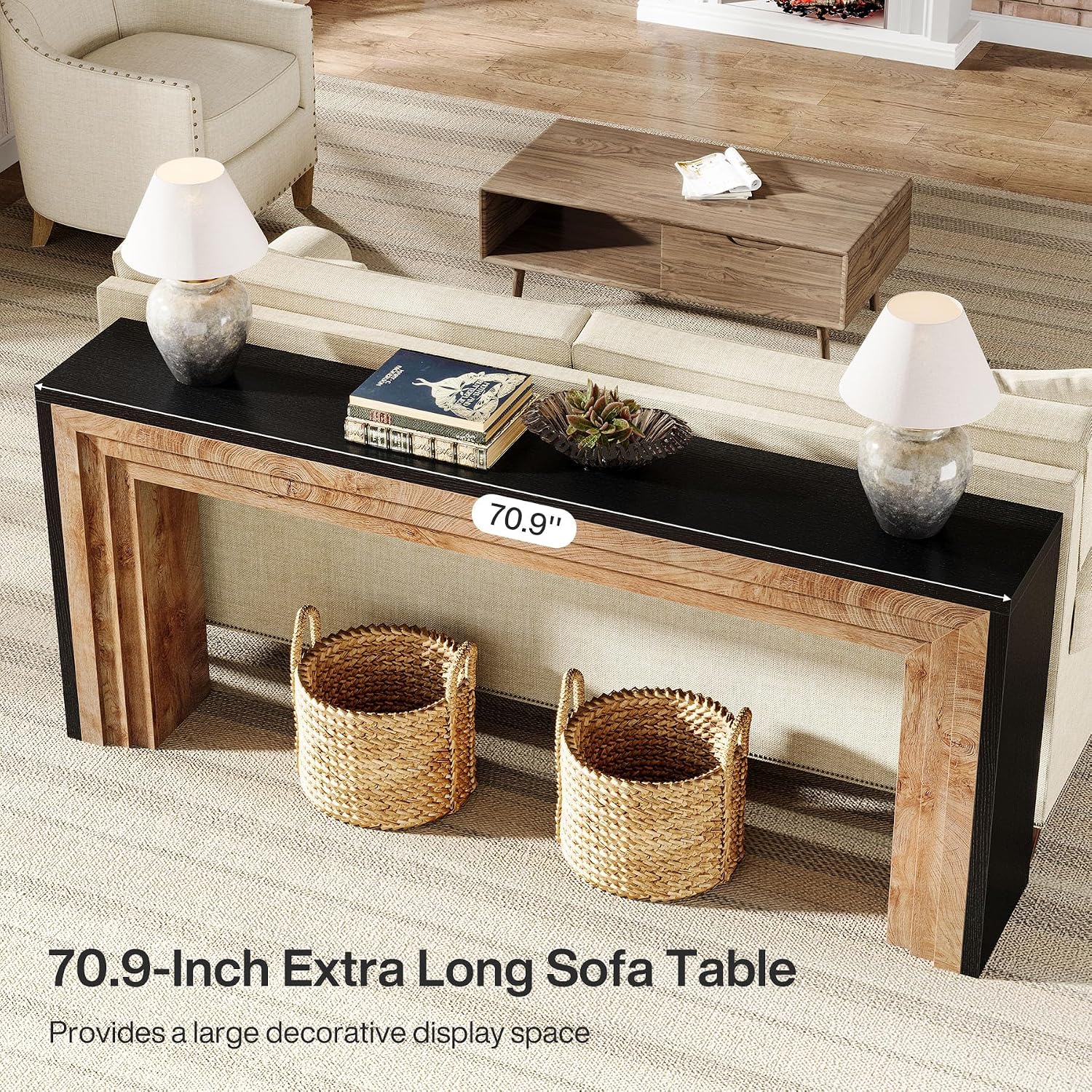 Tribesigns 70.9-Inch Long Console Table, Farmhouse Narrow Wooden Sofa Table Behind The Couch for Living Room, Entryway, Hallway, Foyer, Black + Natural Wood Color