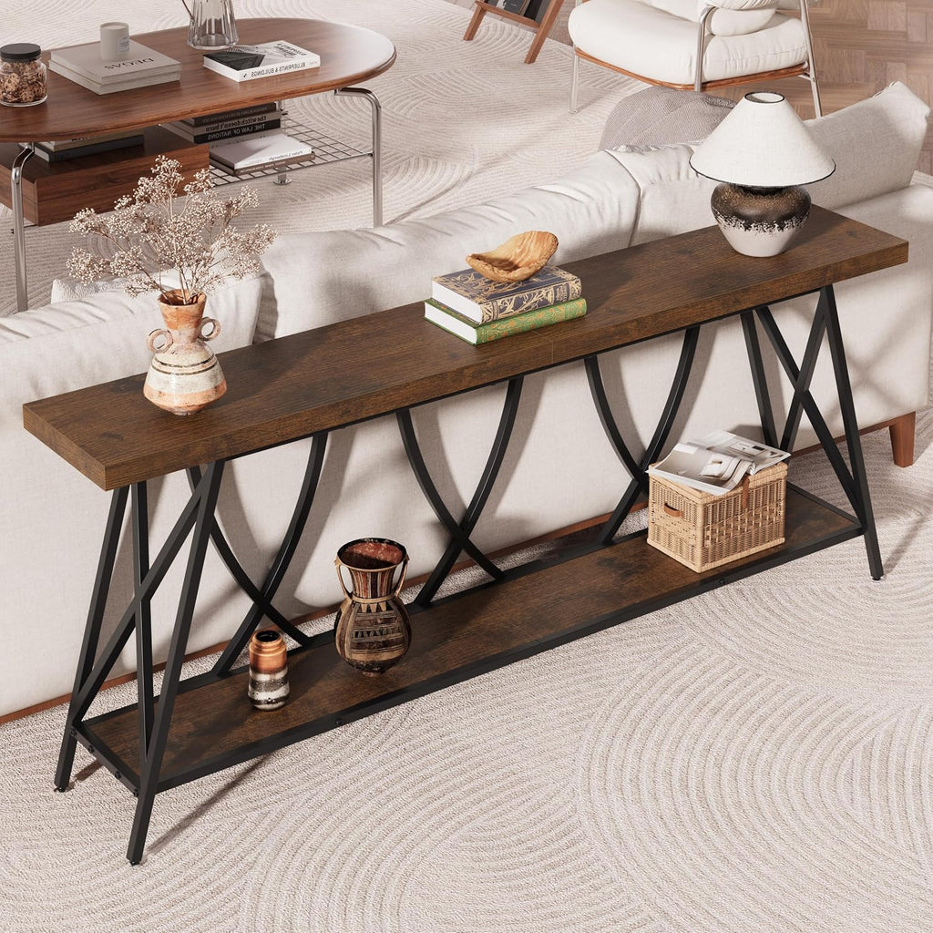 JUSTOGO 70.9' Narrow Console Table for Entryway, Industrial Long Sofa Table Behind Couch, Farmhouse Hallway Table with Storage for Living Room, Entrance, Foyer, Rustic Brown