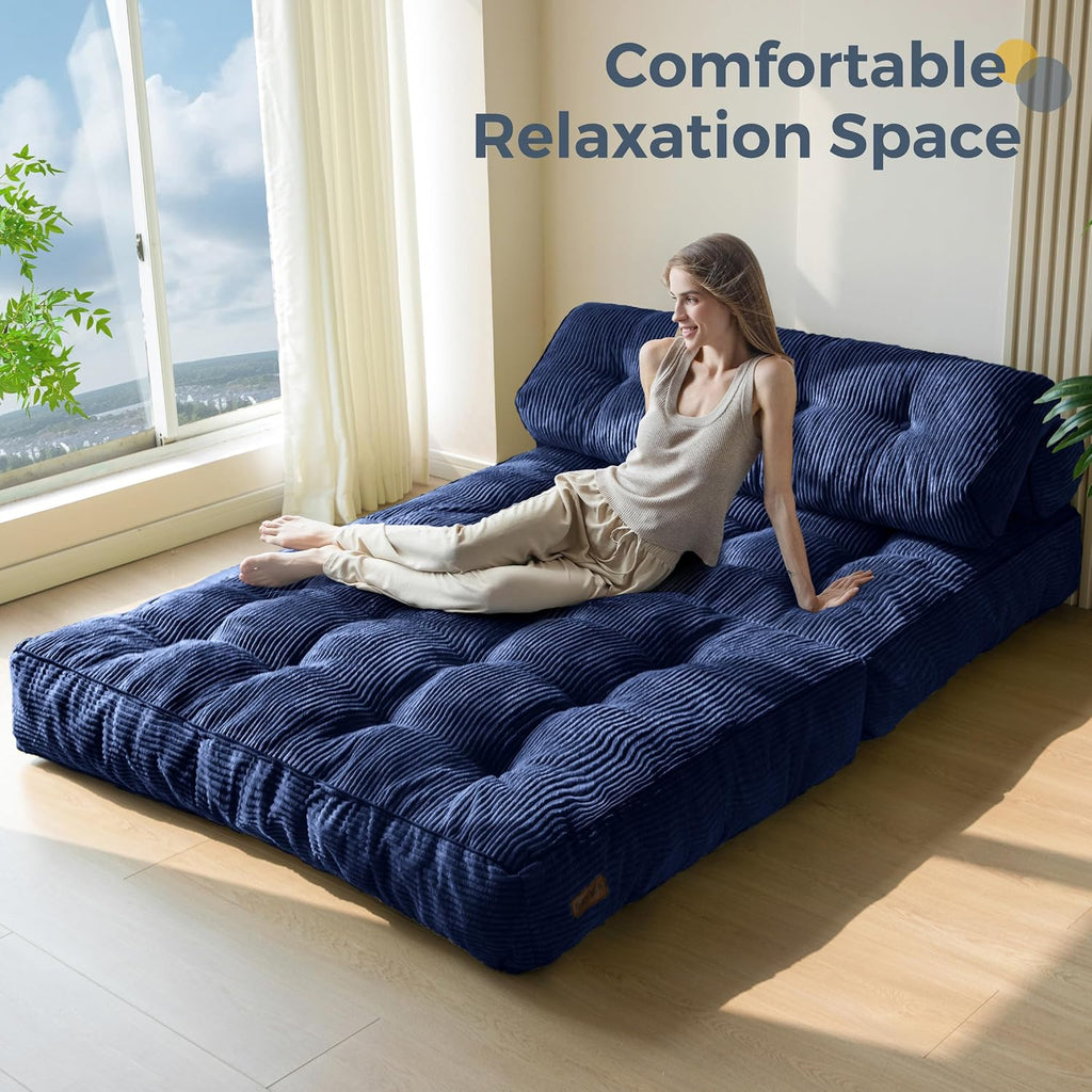 MAXYOYO Folding Sofa Bed, Convertible Sleeper Chair with Pillow Foldable Mattress with Back Support, Portable Fold Out Chair Bed Comfy Floor Sofa Lounge for Living Room Bedroom, Navy Double