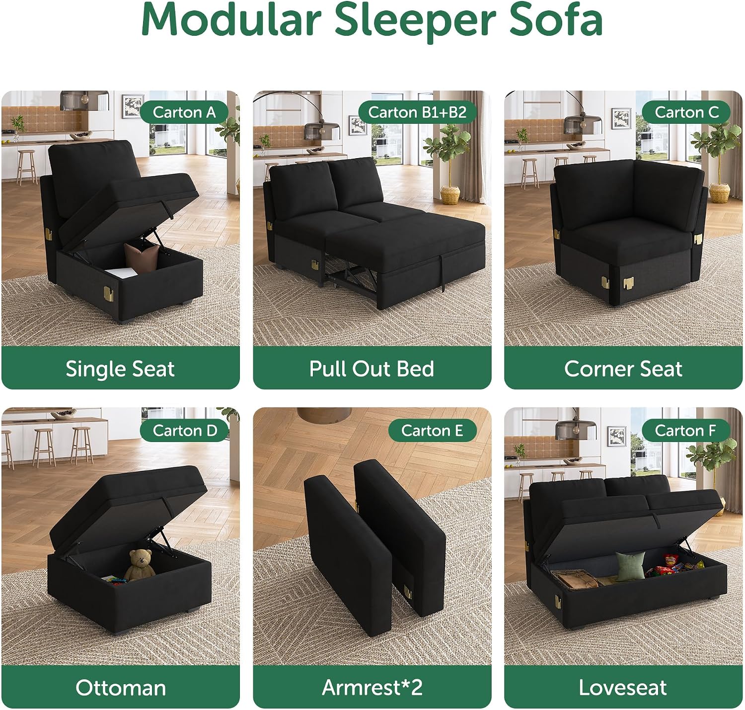 HONBAY Corner Seat for Sectional Sleeper Sofa, Corner Module for Modular Sleeper Couch with Pull Out Bed, Velvet Black