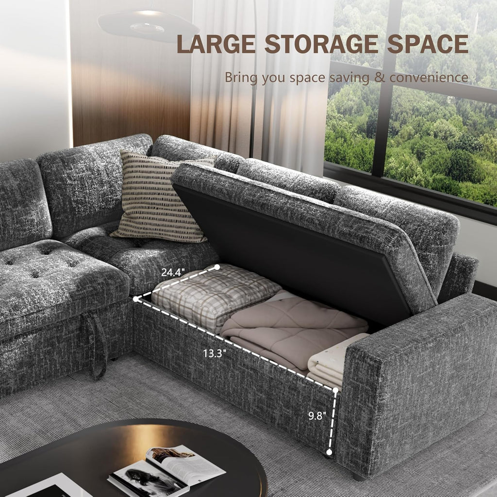 Sunny Heart Modular Sectional Sleeper Sofa with Pull Out Bed, Chenille L Shaped Sectional Sofa with USB Ports/Adjustable Backrest/Storage Seats, Tool-Free Assembly, Couches for Living Room Dark Grey