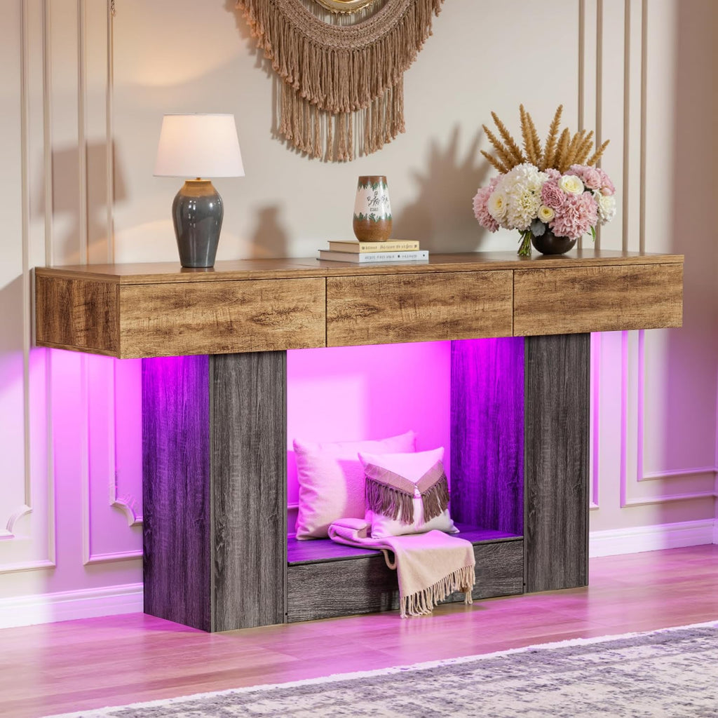 PAKASEPT 63 Inches Long Console Table with Hidden Safe, Colorful LED Lights and 3 Drawers, Farmhouse 2-Tier Entryway Table with Hidden Compartment for Gun Storage for Hallway, Living Room