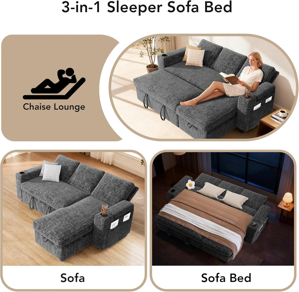 Sunny Heart L-Shaped Sleeper Sofa with Pull Out Bed, 82' Sectional Couch with Reclining Backrest, Reversible Storage Chaise, Armrest Storage, Cup Holders, and Side Pockets, Tool-Free Assembly, Grey