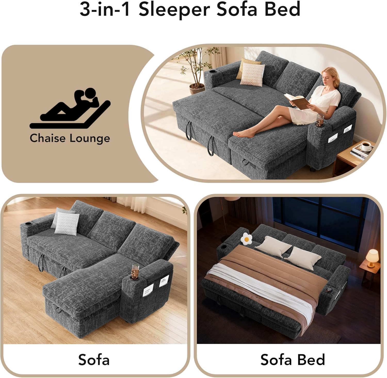Sunny Heart L-Shaped Sleeper Sofa with Pull Out Bed, 82' Sectional Couch with Reclining Backrest, Reversible Storage Chaise, Armrest Storage, Cup Holders, and Side Pockets, Tool-Free Assembly, Grey