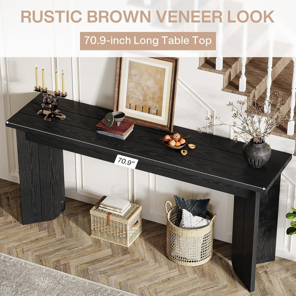 Tribesigns Farmhouse Console Table, 70.9-Inch Extra Long Console Table, Wood Sofa Table Behind Couch with Widened Tabletop & Sturdy Double Pedestal for Living Room, Hallway, Foyer (Black)