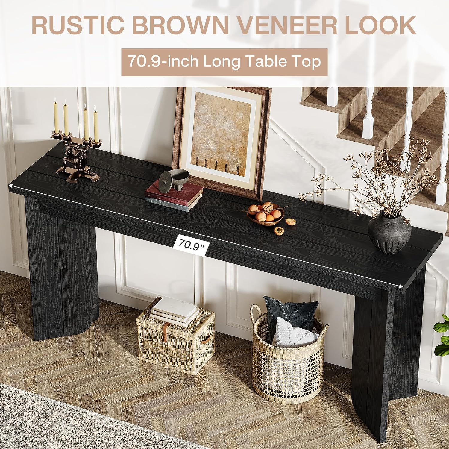 Tribesigns Farmhouse Console Table, 70.9-Inch Extra Long Console Table, Wood Sofa Table Behind Couch with Widened Tabletop & Sturdy Double Pedestal for Living Room, Hallway, Foyer (Black)