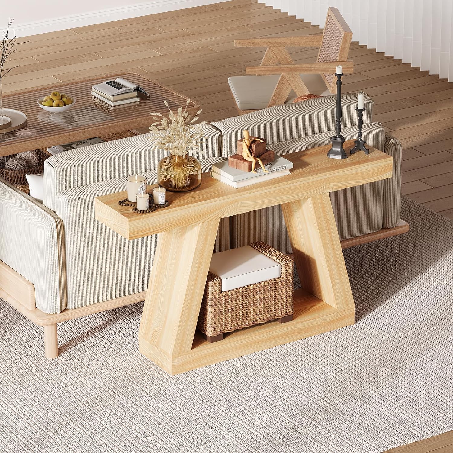 55 Inches Console Table, Sofa Table Behind Couch, 2-Tier Wooden Entry Tables for Entryway Foyer Hallway, Industrial Console Tables with Open Storage Shelf for Living Room