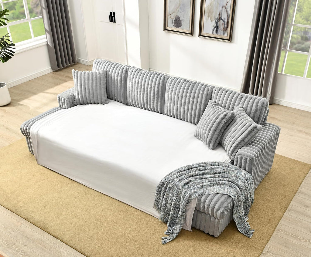 THSUPER 122'' Oversized U Shaped Plush Corduroy Fluffy Sectional Sleeper Sofa with Pull Out Bed and Double Storage Chaise for Living Room - Gray