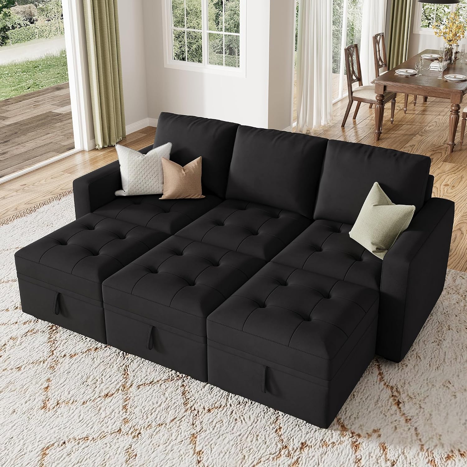 HONBAY Modular Sectional Sleeper Sofa, Sleeper Couch with Storage Seats Oversized Sectional Couches for Living Room,Black