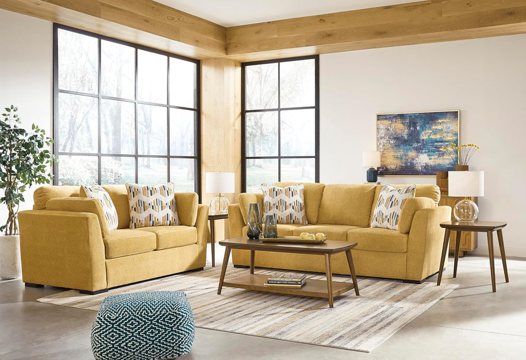 Signature Design by Ashley Keerwick Scandinavian 2-in-1 Sofa Sleeper with Folding Gel Memory Foam Mattress and 4 Pillows, Queen, Yellow