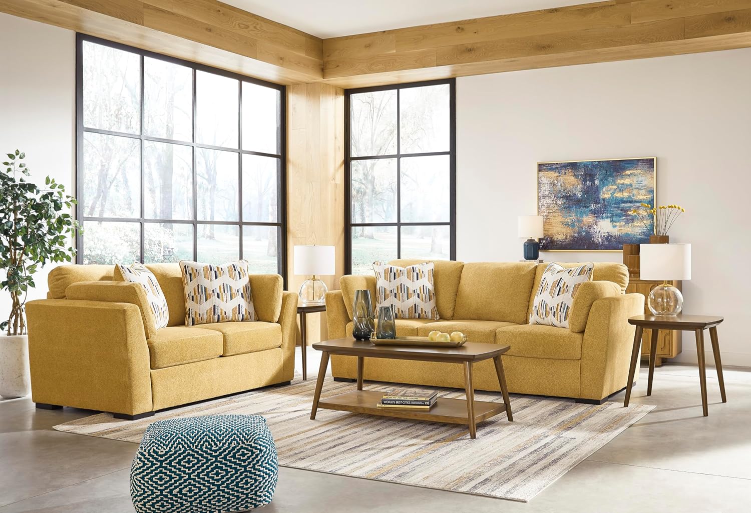 Signature Design by Ashley Keerwick Scandinavian 2-in-1 Sofa Sleeper with Folding Gel Memory Foam Mattress and 4 Pillows, Queen, Yellow