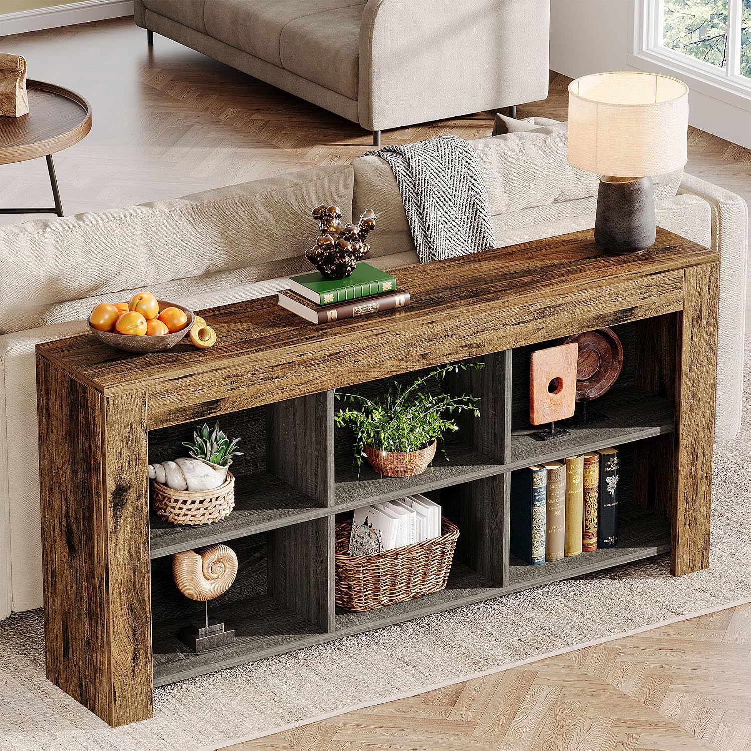 Tribesigns 63-Inch Long Console Table, Rustic Wood Entryway Table with 6 Storage Cubes, Industrial Narrow Sofa Table Behind Couch Table for Living Room, Hallway