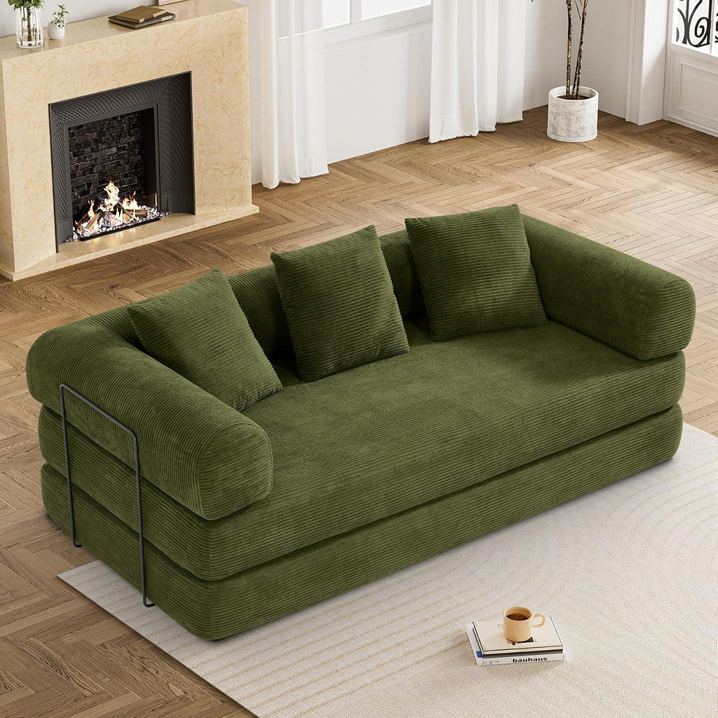 DAMAIFROM Convertible Sleeper Sofa Bed with Cylindrical Pillow,Corduroy Folding Mattress Couch with Fixed-Shape Frame,Modular Floor Sofa Lounge Couch for Living Room Bedroom Lounge,80',Olive Green