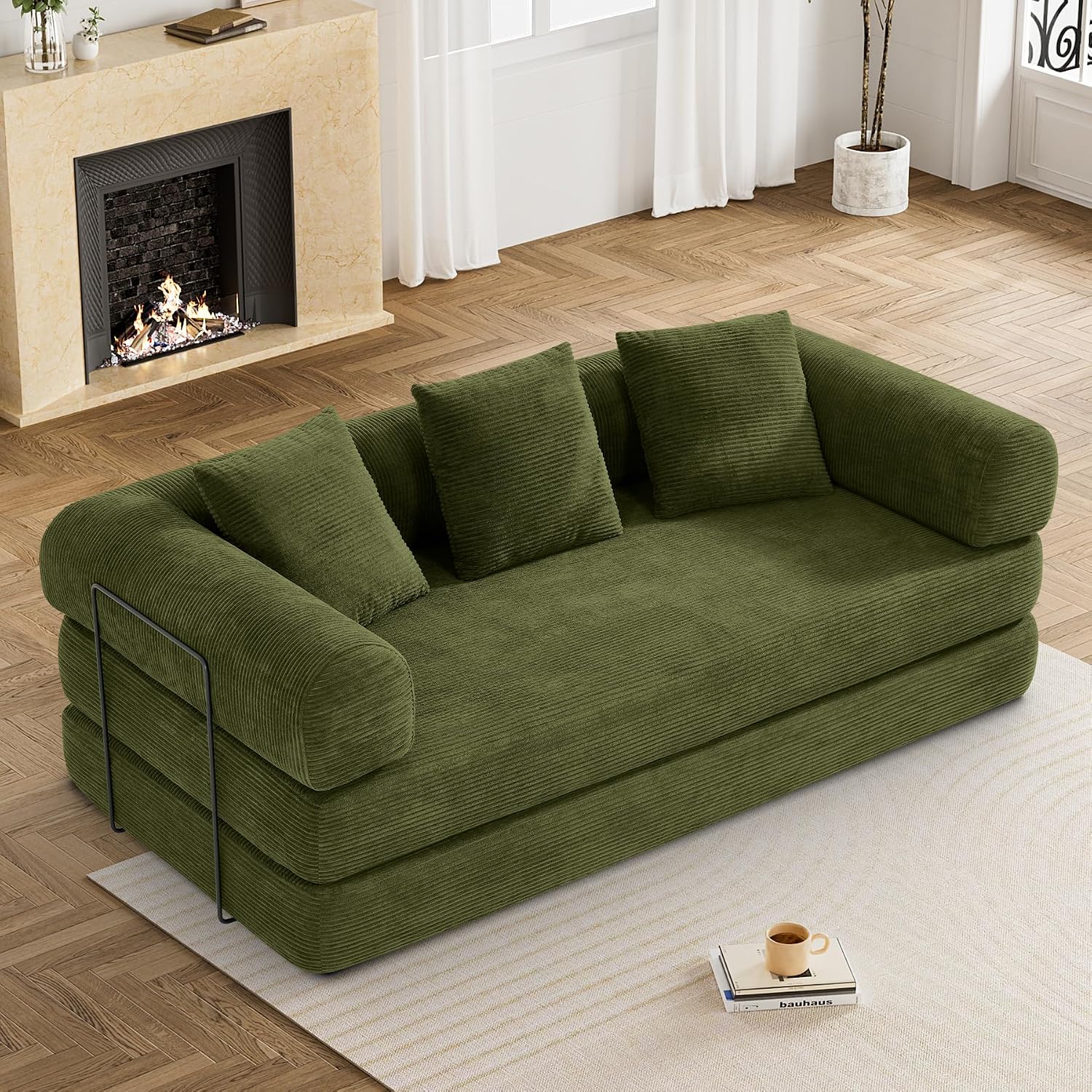 DAMAIFROM Convertible Sleeper Sofa Bed with Cylindrical Pillow,Corduroy Folding Mattress Couch with Fixed-Shape Frame,Modular Floor Sofa Lounge Couch for Living Room Bedroom Lounge,80',Olive Green