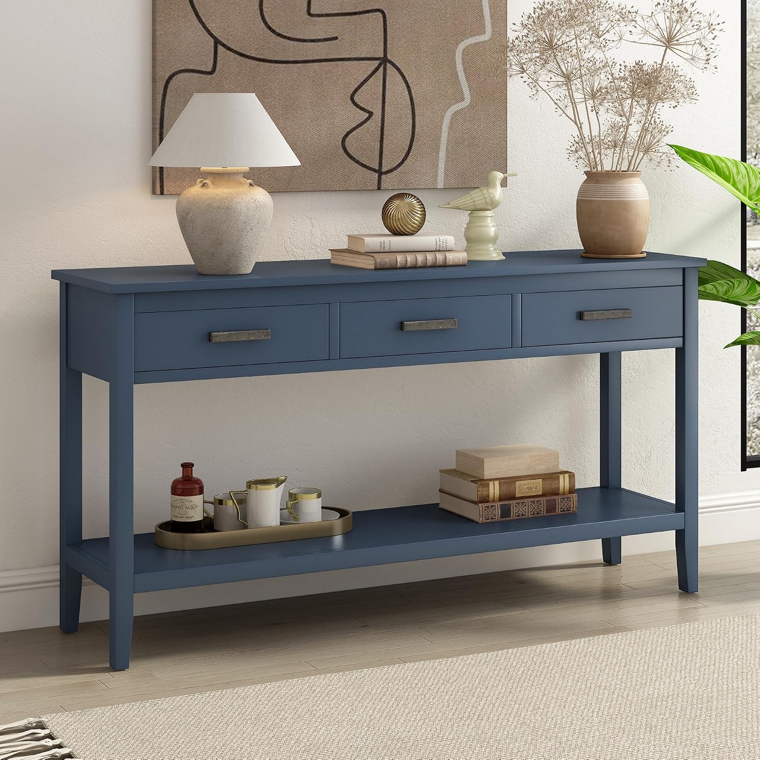 Merax Entryway Console Table with Storage, 3 Drawers Design/Wood Frame/Behind Couch & Sofa, Blue