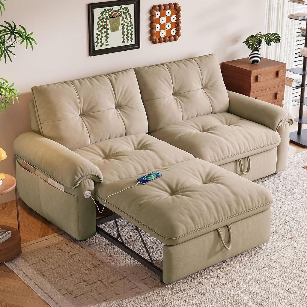 77' Queen Size Sofa Bed, Loveseat Sleeper Sofa with Pull Out Bed, Pockets and USB, Modern 2 Seater Convertible Small Couch for Living Room Bedroom Apartment, Brown