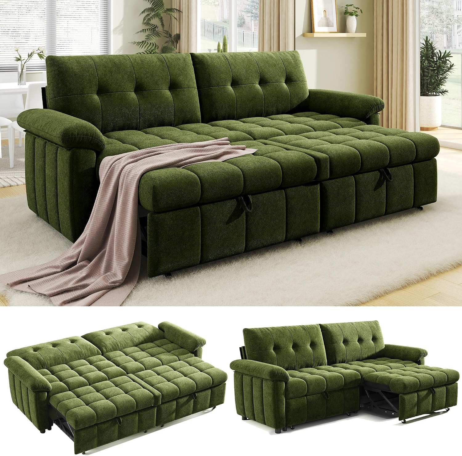 Jocisland 93' 4-in-1 Convertible Sofa Bed, Full Size Cloud Sleeper Sofa, Tufted Chenille, 5-Position Adjustable Backrest, 10-Minute Tool-Free Assembly, Couches for Living Room Guest Room, Green