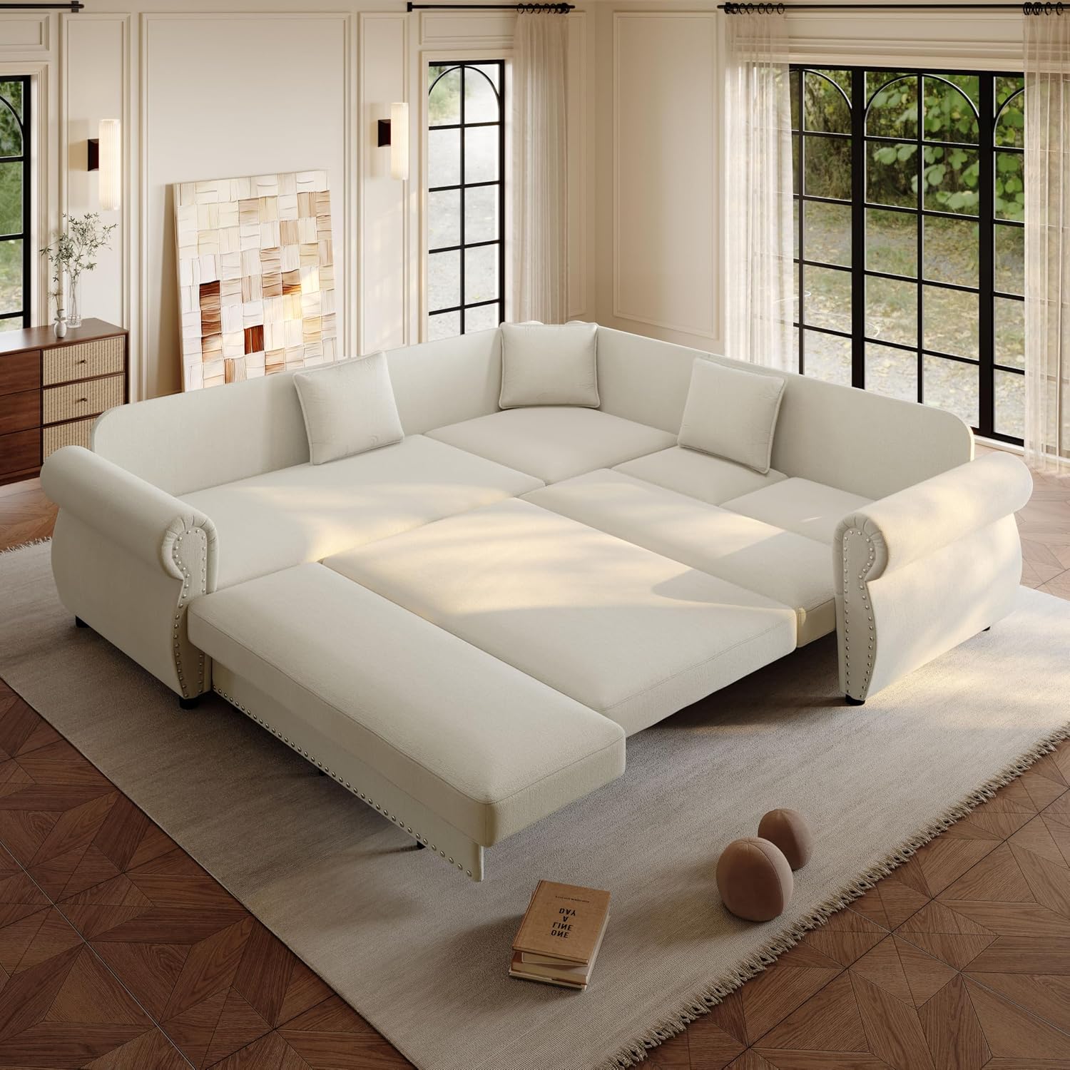 88.2'' Pull Out Couch Bed King, L Shaped Convertible Sleeper Sofa, 4-seater Couches with Rivet Armrests, 3 Pillows, Chenille Upholstery, Futon Sofa Bed for Living Room, Apartment, Office, Beige