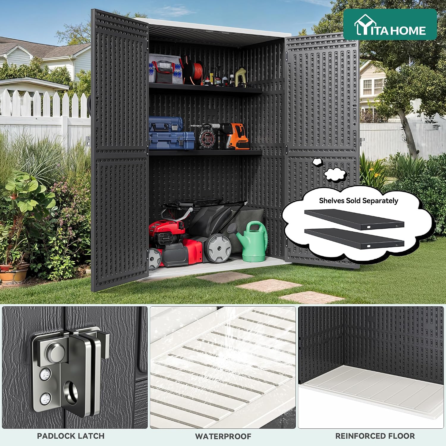 YITAHOME 59 Cuft Outdoor Tall Storage Shed, Waterproof Vertical Resin Shed for Garden, Garage, Patio, Lockable Tool Storage, No Shelves Included, Dark Gray