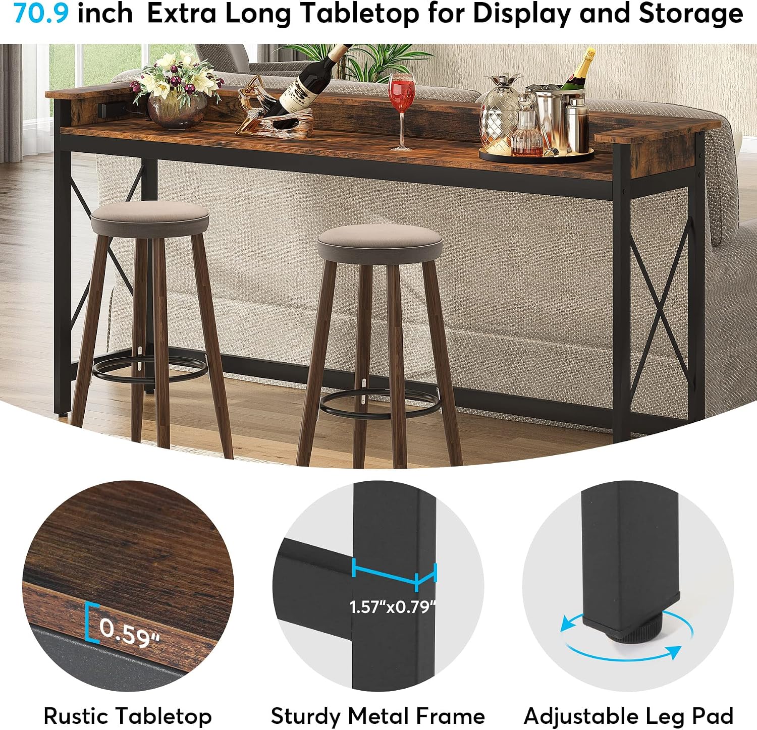 Tribesigns Sofa Table with Outlets and USB Ports, 70.9 inch Extra Long Console Table Behind Couch with Charging Station, Industrial Narrow Entryway Hallway Accent Table for Living Room