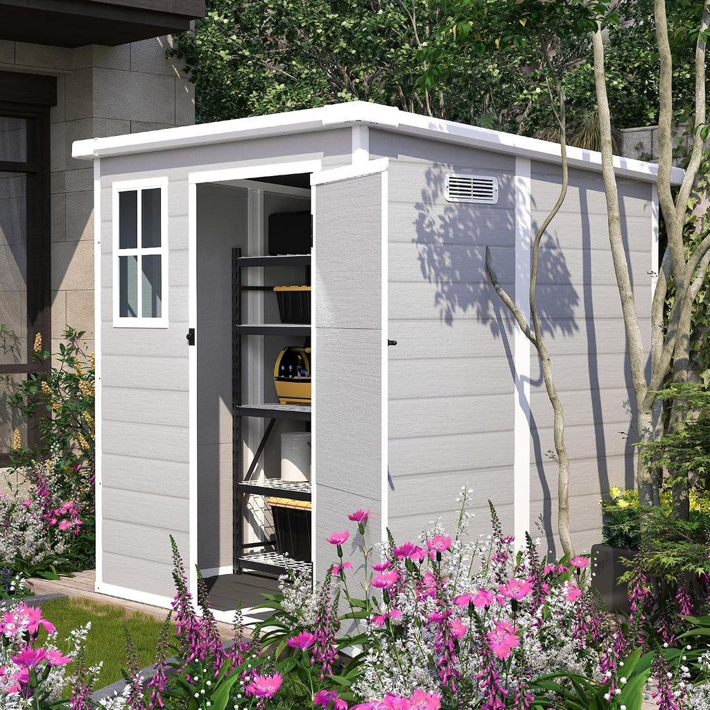 6x6 FT Resin Storage Shed, Waterproof Plastic Storage Shed with Floor & Window, All Weather Outside Tool Storage Cabinet with Lockable Doors and Vents for Bike, Garden, Backyard Lawn, Light Grey