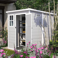 6x6 FT Resin Storage Shed, Waterproof Plastic Storage Shed with Floor & Window, All Weather Outside Tool Storage Cabinet with Lockable Doors and Vents for Bike, Garden, Backyard Lawn, Light Grey