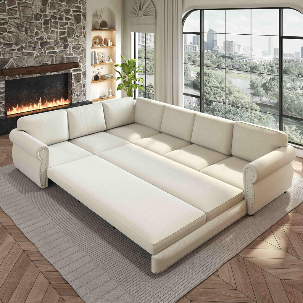 118'' Pull Out Couch, Convertible Sleeper Sofa Bed, Upholstered Sectional Sofa, Chenille L-Shaped Couch with Nailhead Trim, 6-Seater Modern Sectional Couches for Living Room, Apartment, Beige