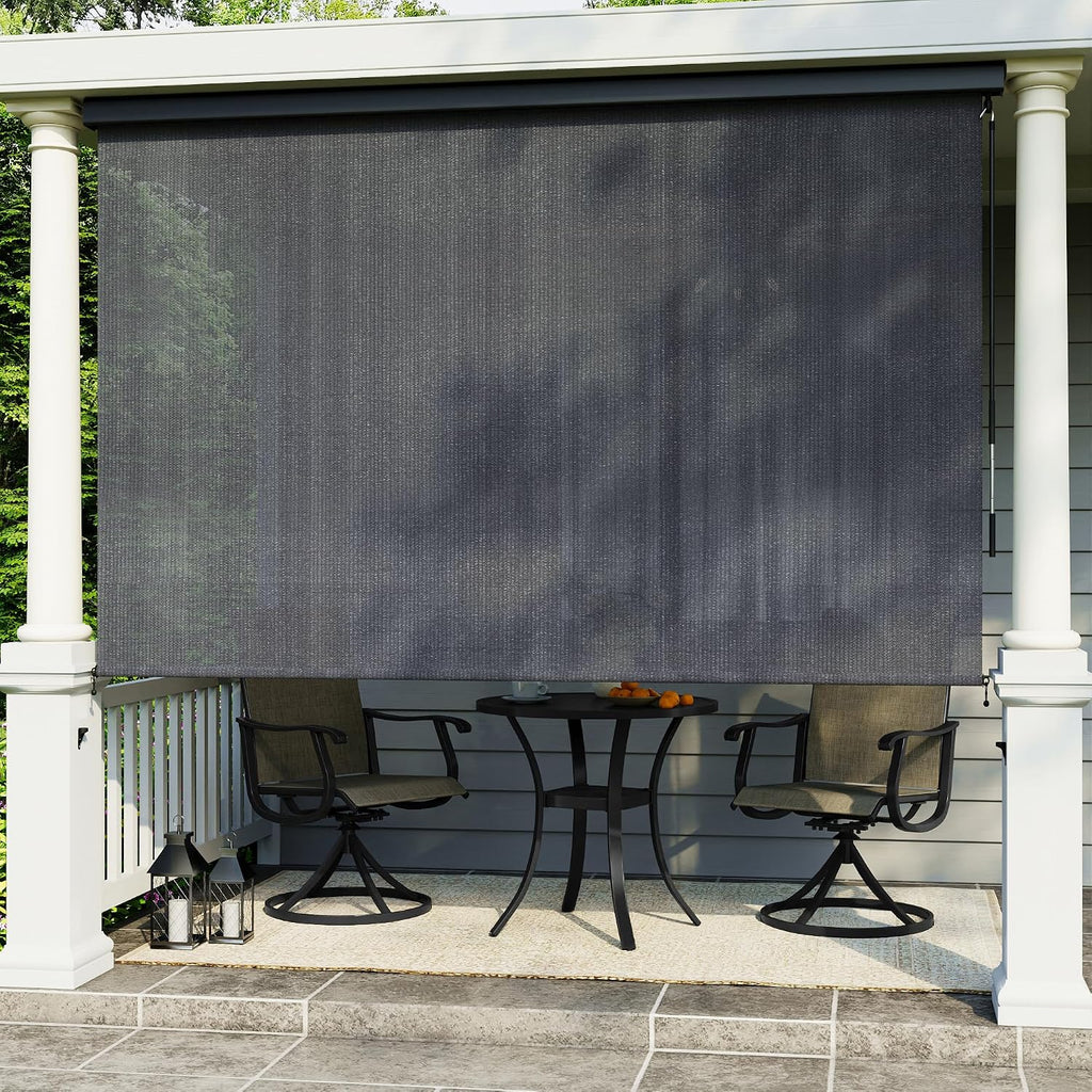 VICLLAX Premium Outdoor Roller Shade, 220GSM 95% Patio Cordless Blinds with Aluminum Valance (7' W X 8' L), Anthracite